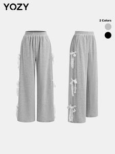 YOZY Women's Plain Bow Decor Elastic Waist Wide Leg Sweatpants, Casual Comfy Pocket Trousers for Daily Wear, Ladies Bottoms for All Seasons, Fall & Winter Clothes
