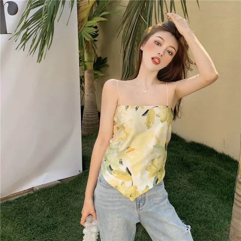 Women Tie Knot Back Camisole, Spaghetti Strap Sleeveless Floral Print Hanky Hem Cami Tops