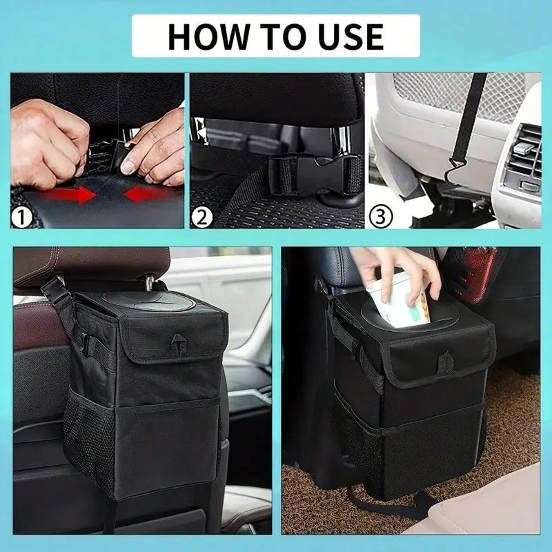 Car Trash Can with Lid, Multipurpose Car Trash Can, Multifunctional Organizer with Storage Pockets for Vehicle Cleanliness and Organization, Auto, Interior, Holder 8