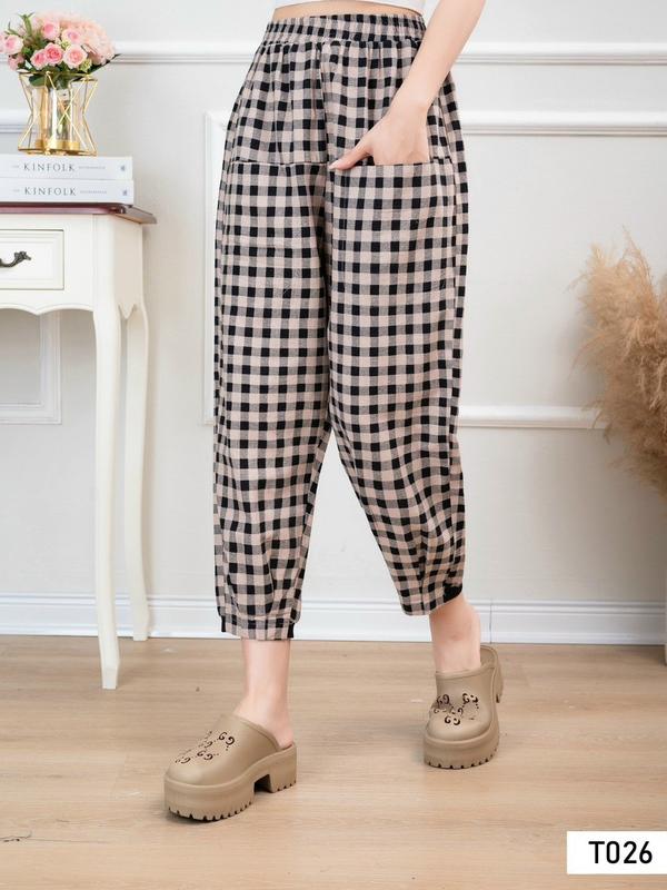 Quần Baggy Bom Lỡ Chất Linen Kẻ Caro Beyo Cạp Chun Hai túi phong cách phía trước Ly Chân T026 Nữ Women Pants Bo Chun