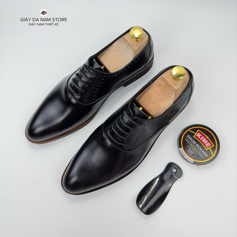  Giày Tây Nam Công Sở Da Bò Cao Cấp- Thiết Kế Dây Buộc Trẻ Trung Lịch Lãm- Bảo Hành Bong Hành 12 Tháng   ĐEN TRƠN   
