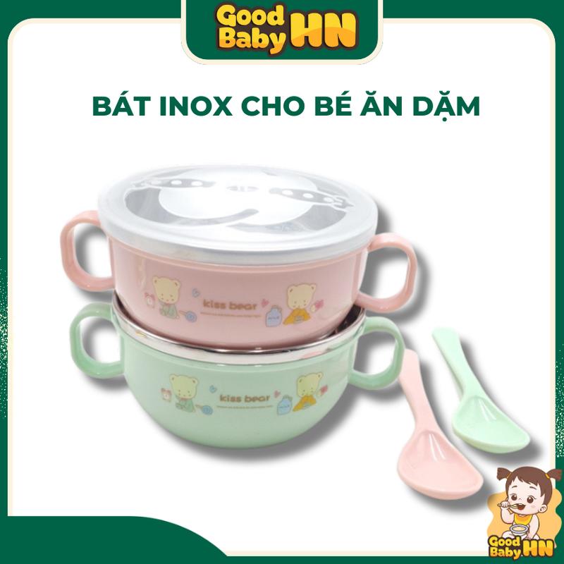Bát ăn dặm inox cho bé hình gấu kèm thìa và nắp D49