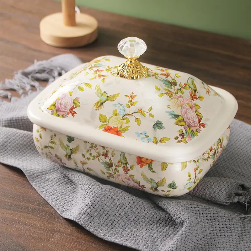 Vintage Floral Pattern Enamel Bread Box, Enamel Butter Dish with Lid, Salad Preserving Container for Kitchen Canteen, Summer Gift 2