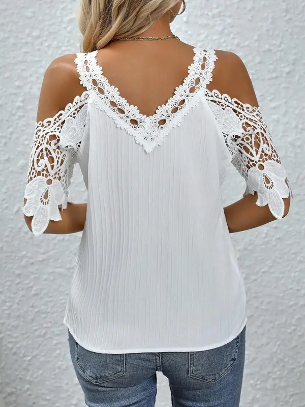 Women's Floral Contrast Lace Cold Shoulder Blouse, Casual Short Sleeve Top for Summer, Ladies Clothes for Daily Wear 1