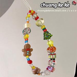 Lanyard Krismas Comel 2023 ✨ Dengan Charm Pokok & Gingerbread Man - Aksesori Telefon Buatan Tangan (Hadiah Perfect untuk Gadis)   Charms Phone Phone Straps beaded  keychain