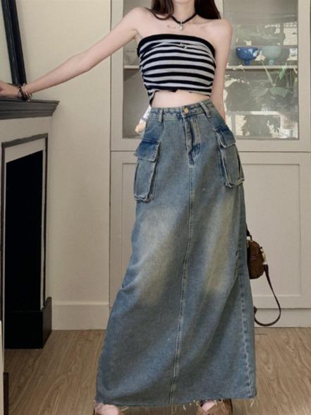 V36 - Chân váy jean dáng dài Chân váy túi hộp sườn xẻ sau màu xanh đậm Váy chữ A dành cho Nữ - NgocDiepVuSTORE Nhung Voan