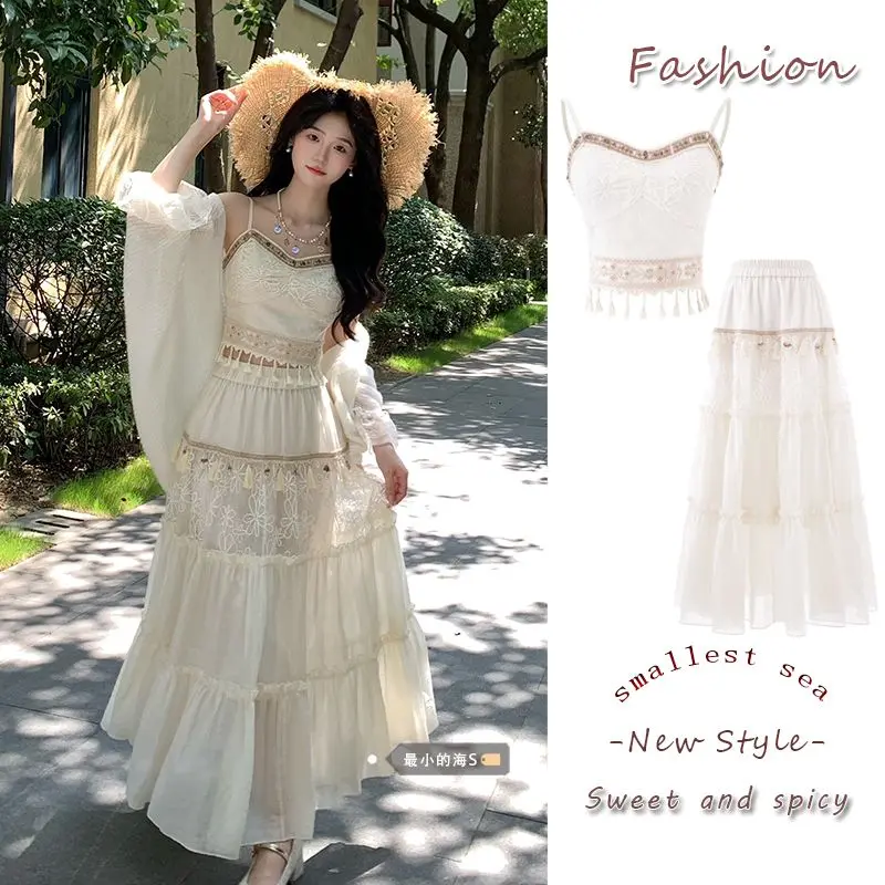 Áo Hai Dây Tua Rua Phong Cách Dân Tộc Bohemian Áo Cardigan Chống Nắng Bộ Đồ Ba Mảnh Váy Khâu Ren Mùa Hè Cho Nữ