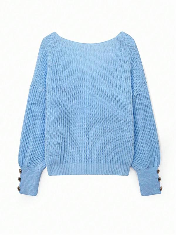 Women's Plain Fake Buttons Drop Shoulder Sweater, Elegant Casual Long Sleeve V Neck Jumper for Fall & Winter, Ladies' Knitwear for Daily Wear 1