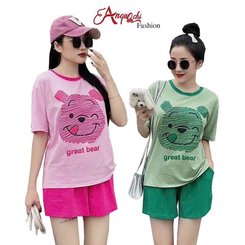 Đồ Bộ Nữ COTTON MÁT MỊN S164 Mặc Nhà Quần Đúi Phối Gấu Xinh Dễ Thương Women Áo Quần Ngủ Top Xanh