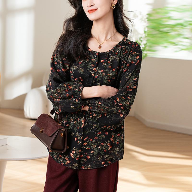 Vintage floral chiffon blouse, round neck, top, puff sleeves, loose fit, casual style, available up to 3XL