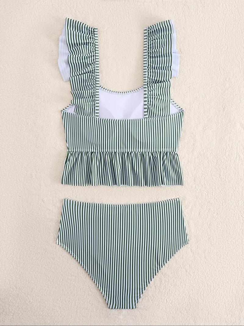 Product Introduction of Women's Striped Print Tankini Set, Casual Flounce Sleeve Swim Top & Swim Bottom Two-piece Swimsuit for Summer, Fashion Women's Swimwear for Beach Holiday Vacation 7