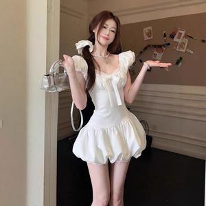 [LUNE]女性のためのレースのパッチワークフランスの半袖ドレス夏の弓パフドレス甘いウエストドレスAラインショートドレス
