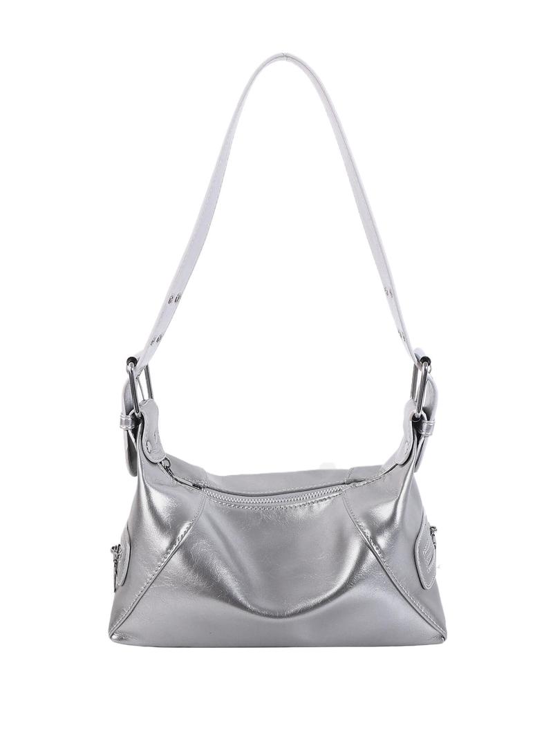 Product Introduction of Women's Elegant Solid Color Shoulder Bag, Fashionable Motorcycle Style Cool Girl Bag, Versatile Outing Bag, Retro Simple Casual Commuting Shoulder Bag 6