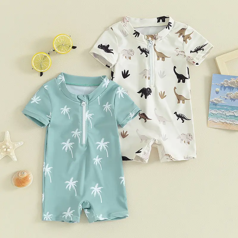 Kids Boys Summer Swimsuit Casual Tree/Dinosaur Print Zipper Short Sleeve Jumpsuit Swimwear Beachwear Bathing Suit