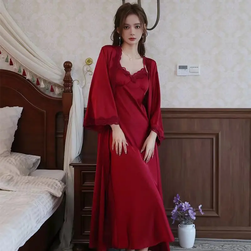 Bộ Đồ Ngủ Phong Cách Hoàng Gia Pháp, Dành Cho Nữ, Bộ Sưu Tập Mùa Xuân Và Mùa Thu Mới Nhất, Chất Lượng Cao, Phong Cách Dễ Thương Và Gợi Cảm, Áo Choàng Dài Lễ Hội Màu Đỏ, 2024