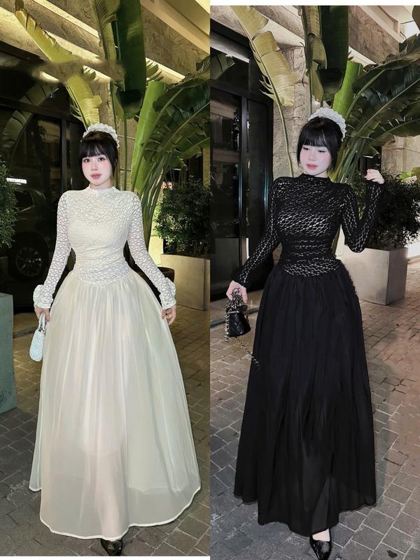 Váy nữ ren tay hoa nổi chân váy bồn xoè hàng 2 lớp tone dáng