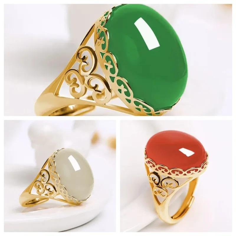 Product Introduction of 1PC Unisex RingsEthnic Style Imitation Green Chalcedony Ring Temperament Opening Imitation Agate Color Treasure 0