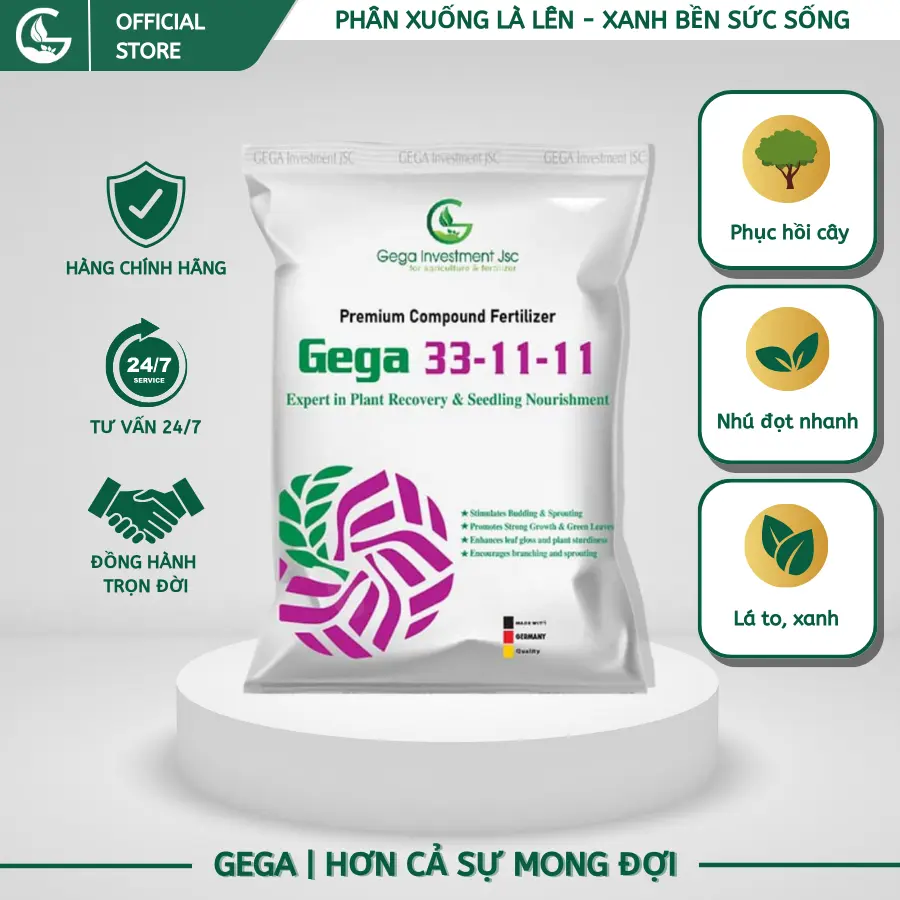 Phân Bón GEGA 33-11-11 - Phục Hồi Cây, Nhú Đọt Nhanh, Lá To Và Xanh, Dùng để tưới hoặc phun lên lá, gói 250gr pha 1 phuy