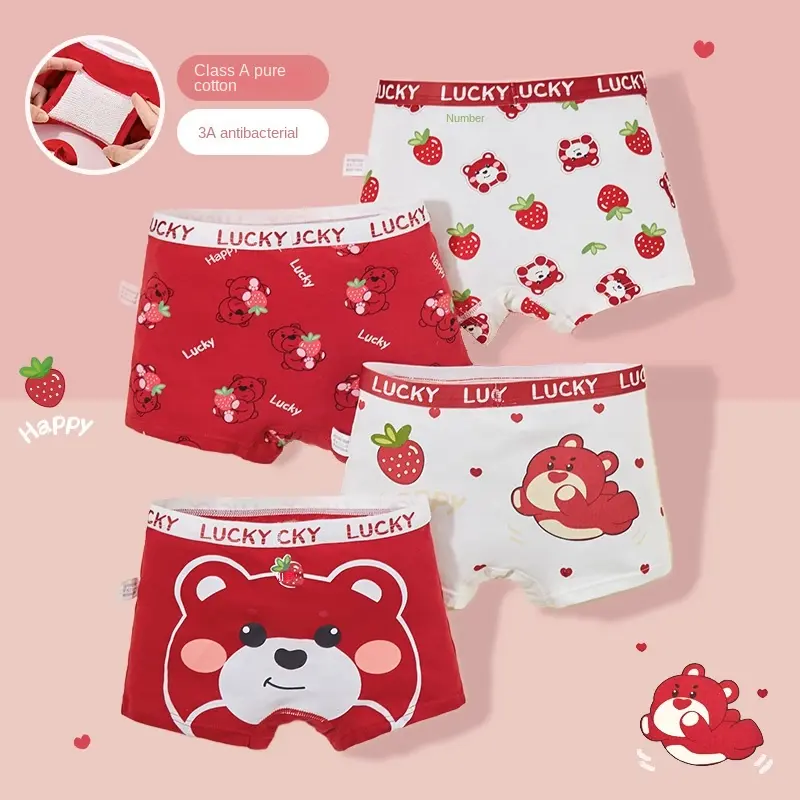 Quần Boxer Cotton Nguyên Chất Cho Trẻ Em, Đồ Lót Hoạt Hình, Gấu Dâu Tây, Quần Đùi Học Sinh Thoáng Khí, Quần Đùi Cho Bé Gái, 4 Món