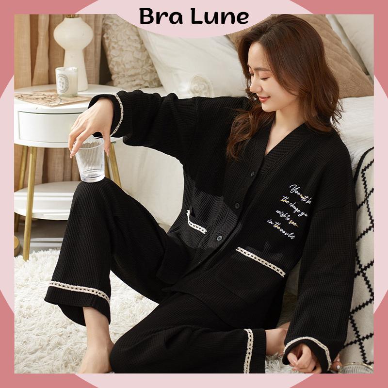 Bộ Đồ Ngủ nam nữ Cotton họa tiết sang trọng BRALUNE, Đồ Ngủ nam, nữ Pijama Dài Tay Khuy Cài Thoáng Khí mã 1059 Áo Women Quần Ngủ