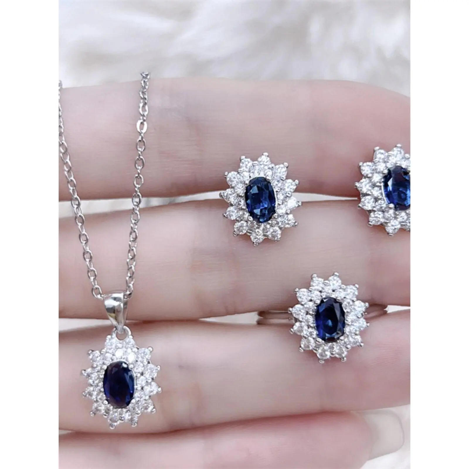 New Arrival Special-Interest Design Luxury Colored Gems Inlaid Blue Diamond Suit Three-Piece Ring Set Ear Stud Necklace All-Matching Simple Style