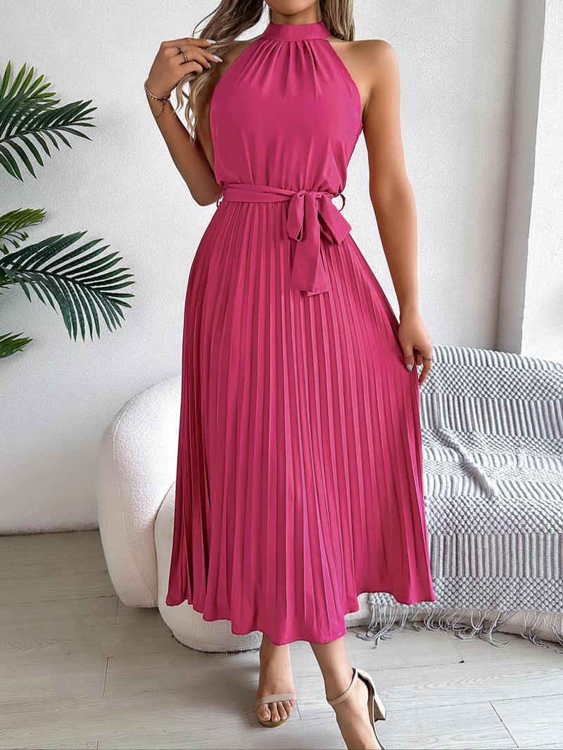 Product Introduction of Women's Solid Color Belted Pleated Halter Tank Dress, Elegant Casual Sleeveless A Line Long Dress for Summer, Ladies Clothes for Beach Holiday 7
