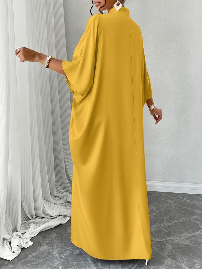 Product Introduction of Women's Plain Notched Neck Split Hem Long Dress, Elegant Fashion Casual Dress for Daily Outdoor Wear, Women Dress for Summer, Summer Dresses 2025 2