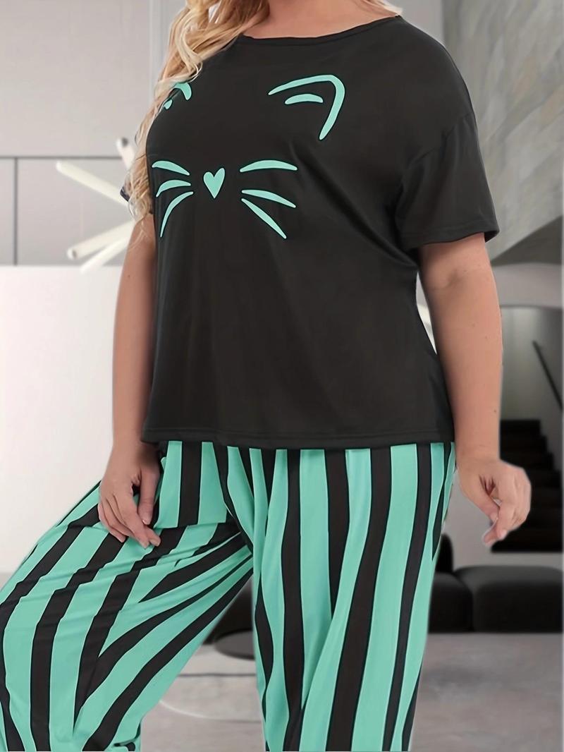 Product Introduction of Plus Size 2pcs Cat Print Tee & Striped Print Elastic Waist Pants Pyjama Set, Casual Cute Round Neck Short Sleeve T-Shirt & Trousers PJ Set, Women's Sleepwear for All Seasons 4