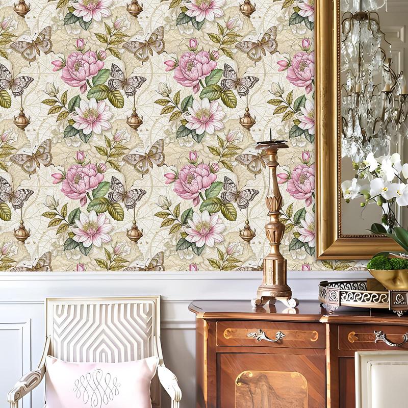 Vintage Floral & Butterfly Pattern Wallpaper, 1 Roll Waterproof Self-Adhesive Removable Paper, Wall Decoration For Home Living Room Bedroom Kitchen, Decorative, Interior 4