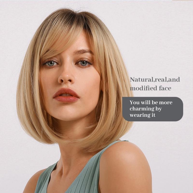 Product Introduction of Dark brown Short Bob hair wigs with bangs Synthetic wig 1