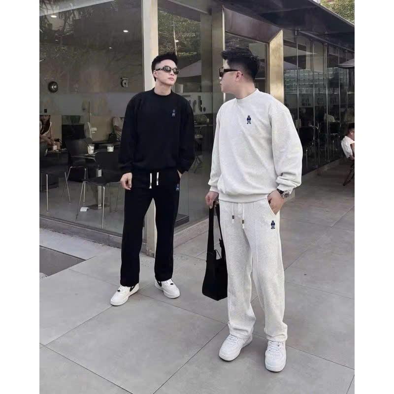 Bộ quần áo nam nữ nỉ hai da thêu gấu quần ông xuông, chất nỉ dầy dặn ấm áp, co giãn không nhăn không xù - Menswear