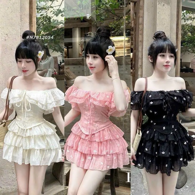 Sét đầm bèo xoè in bông mocking có mút ngực kèm lót quần   Lset  áo váy  tiệc áo Kem Nữ set _ năng động đóng nút ngọc set  botieuthu Wome áo  trễ set  bộ Women Top