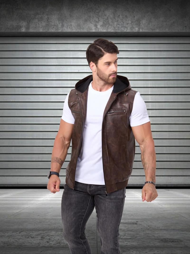 Product Introduction of Men's Solid Color PU Leather Vest Jacket, Casual Fashion Sleeveless Outerwear for Daily Outdoor Wear, Men Cloths for Fall & Winter 9