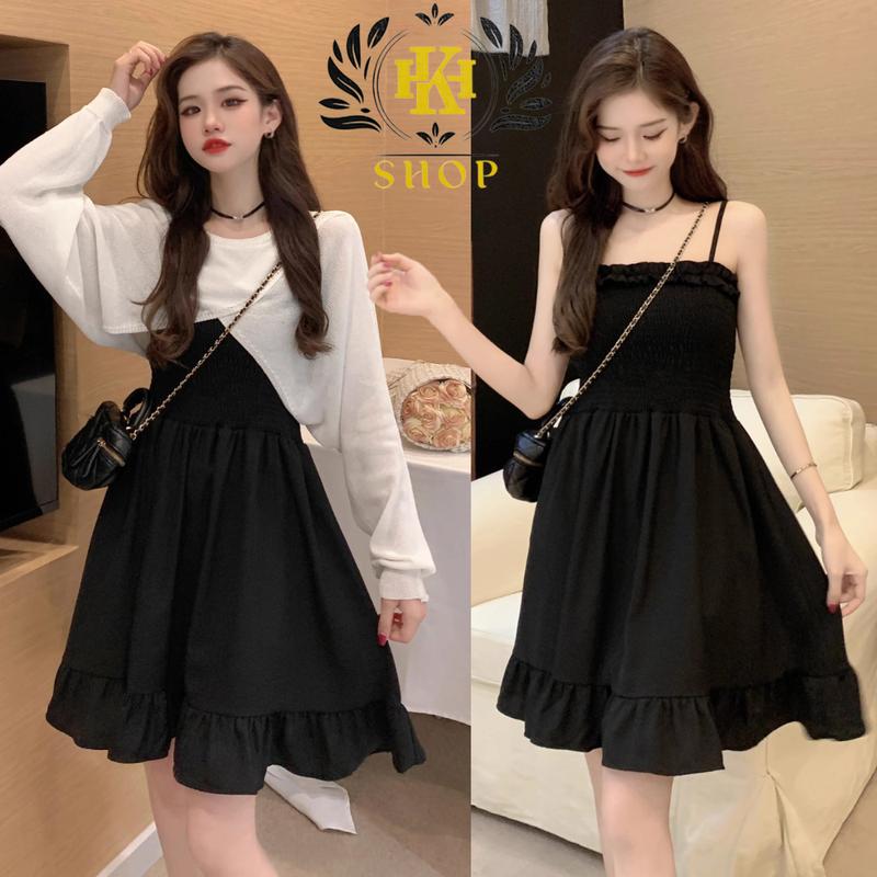 Set váy nữ - Váy 2 dây kèm áo cardigan croptop Chất vải lụa thích hợp cho các bạn đi học hay đi chơi đều dễ phối đồ