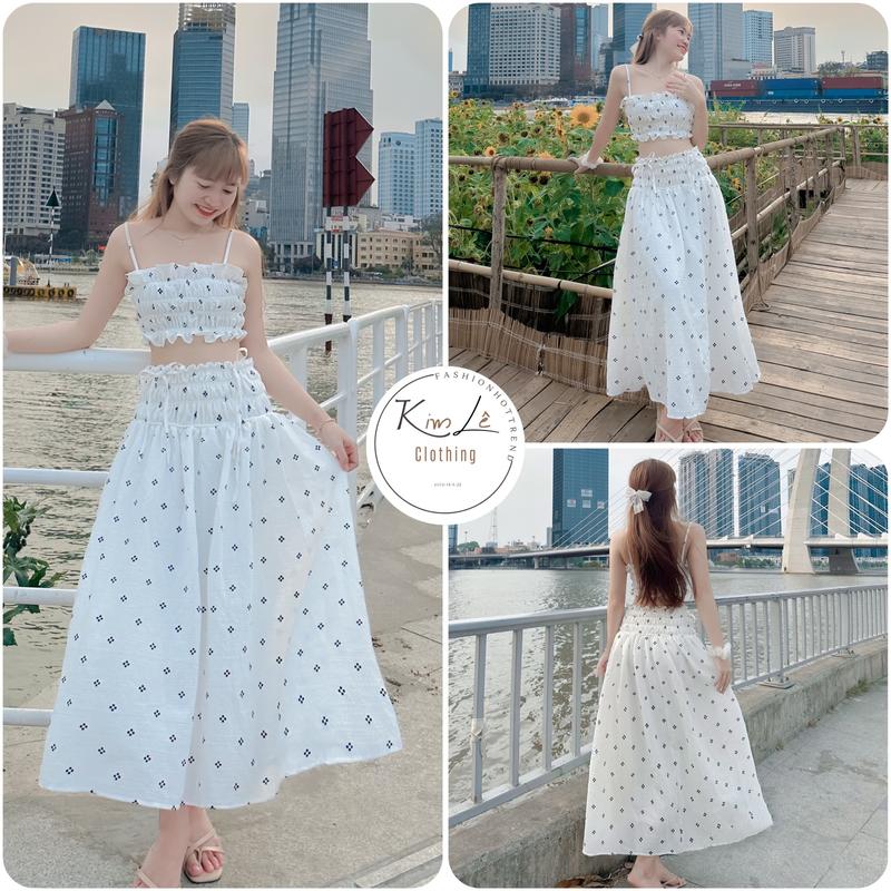 DƯỚI 55KG Set Maxi Xốp Hoa Áo Croptop 2 Dây Phối Chân Váy Xoè Dáng Dài Dịu Dàng Nàng Thơ không mút Chất: Xốp hoa cv có cót Nữ
