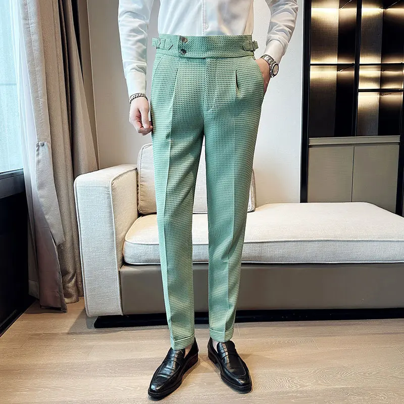 2025 Spring Summer Waffle Texture British Napoli Slim Fit Trousers |   Korean Style Men's Skinny Chino Pants |   Casual Office Wear