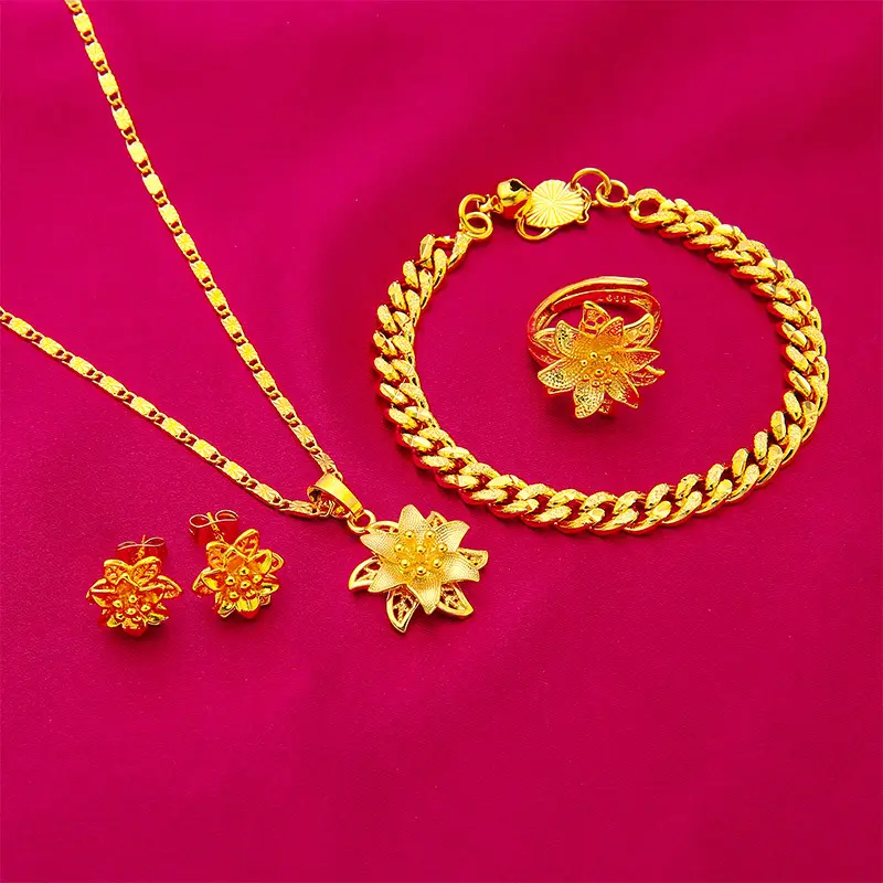 Golden Necklace and earrings set fashion flower chain pendant