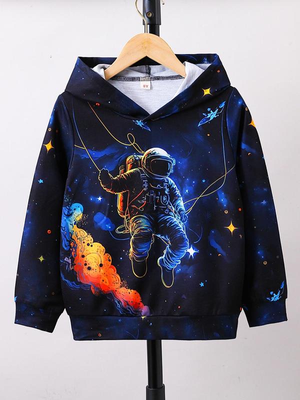 Boy's Fashion Space Astronaut Print Hoodie,  Long Sleeve Galaxy Print Pullover For Daily Wear, Casual Comfy Kids Clothes For Spring & Fall 0