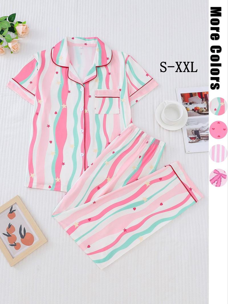 Product Introduction of Women's All Over Print Lapel Neck Pocket Shirt & Elastic Waist Pants Pyjama, Casual Comfy Short Sleeve Button Up Top & Trousers Set, Ladies Sleepwear for All Seasons, Pajamas 7
