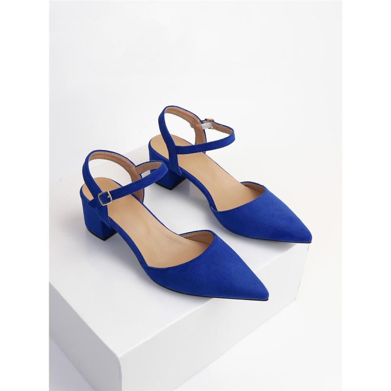 Buckle Decor Point Toe Chunky Heeled Ankle Strap Faux Suede Pumps 2