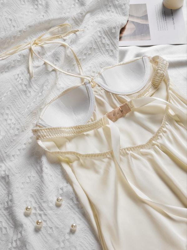 Women's Contrast Lace Big Bow Tie Back Cami Nightdress PJ, Elegant Soft Comfy Halter Nightgown Nighties for All Seasons, Women's Sleepwear for Indoor Wear 6