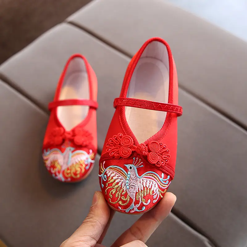 Size 24-37 Kids Baby Red Embroidered Shoes 1-12Yrs Girls Beijing Hanfu Shoes Old Traditional Cloth Shoes