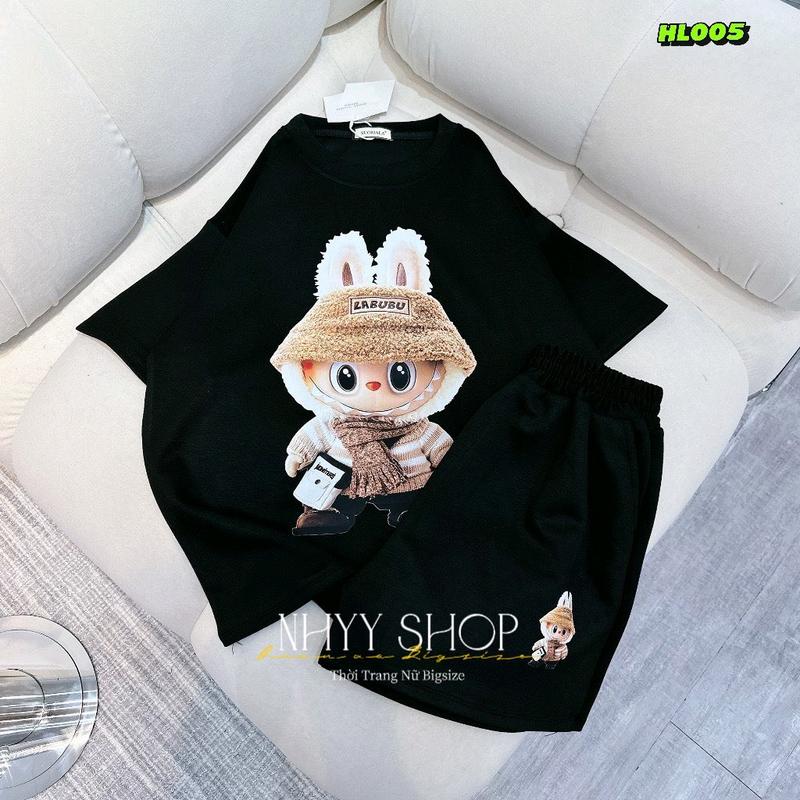 Bigsize 60-90kg Set bộ đùi thun cottong in hình labubu cho nữ, Bộ đồ áo thun tay lỡ in hình labubu tay lỡ + quần đùi lưng thun in hình Nhyy Shop 3