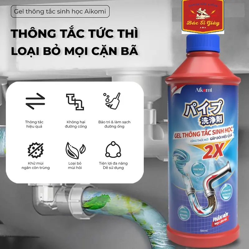 Gel thông tắc cống, ống thoát nước đa năng Aikomi 1000ml (Thông tắc do chất thải hữu cơ) Làm Sạch 2
