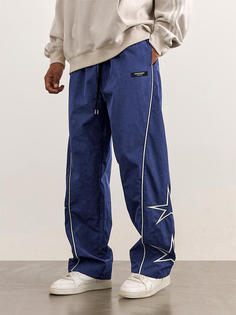 Product Introduction of Men's Loose Star Print Drawstring Waist Wide Leg Pants, Casual Pocket Trousers for Daily Wear, Woven Bottoms for All Seasons, Striped Trousers 16