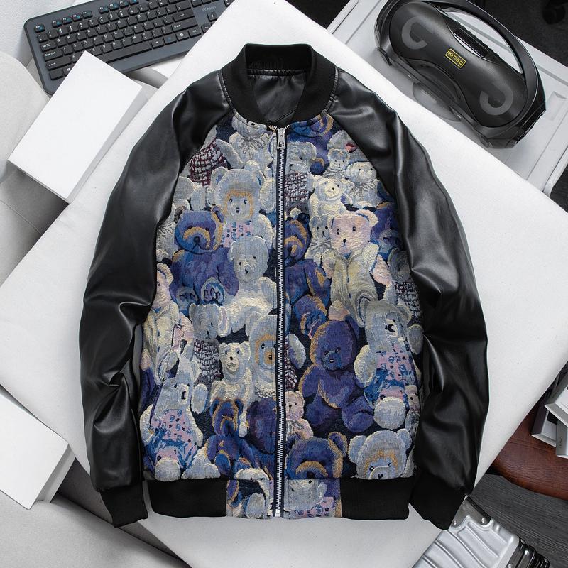 Áo khoác bomber nam nữ GẤM HỌA TIẾT GẤU PHỐI TAY DA Menswear Tay Dài