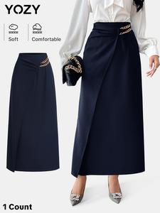 YOZY Women's Plain Chain Decor Split Hem Wrap Skirt, Elegant Zipper Skirt for Work Office Business, Ladies Spring Clothes