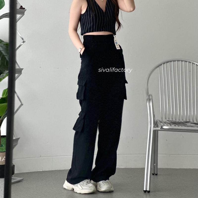 SIVALI Bonnie Cargo Pants - Highwaist Loose Cargo - Celana Kargo Wanita - Baggy Pants Panjang Polyester Kulot Casual Hitam Kantor Kantor Formal Kerja Kerja Kerja Basic Karet 3