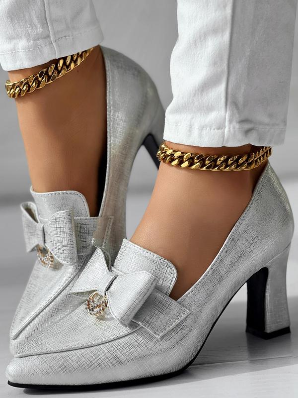 Women's Rhinestone Decorated Bowknot Design High Heel Shoes, Elegant Pointed Toe Loafer Pumps for Party, Daily Clothing Decor for Women & Girls 5