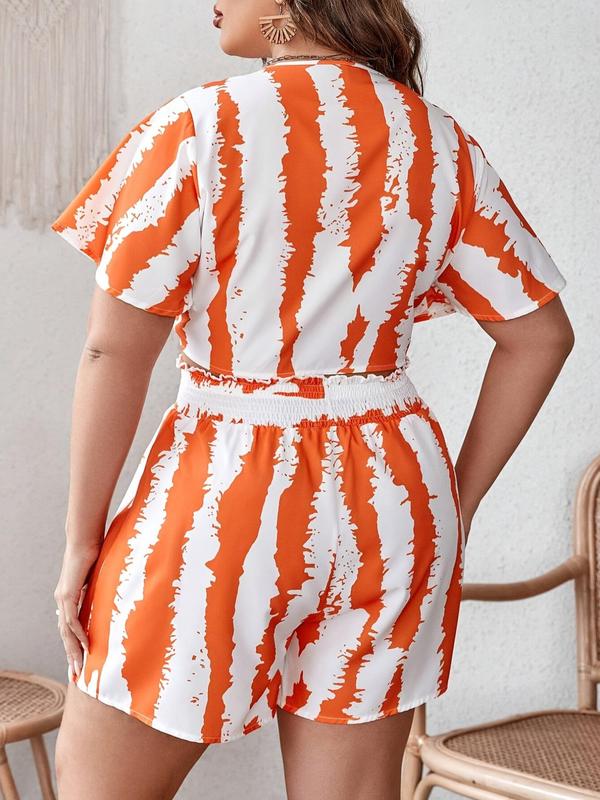 【Plus Size】Two-Piece Set Striped Print Knot Front Blouse & Paper Bag Waist Shorts Set, Casual Relaxed Short Sleeve Top & High Waist Shorts for Daily Wear, Women's Outfits for All Seasons 1